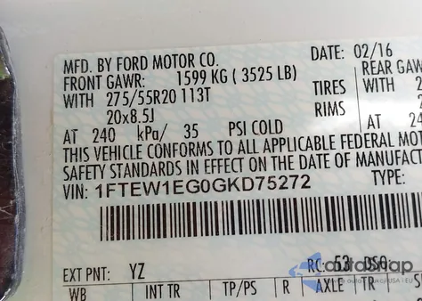 2016 Ford F-150 Lariat z USA, uszkodzony, nr VIN 1FTEW1EG0GKD75272